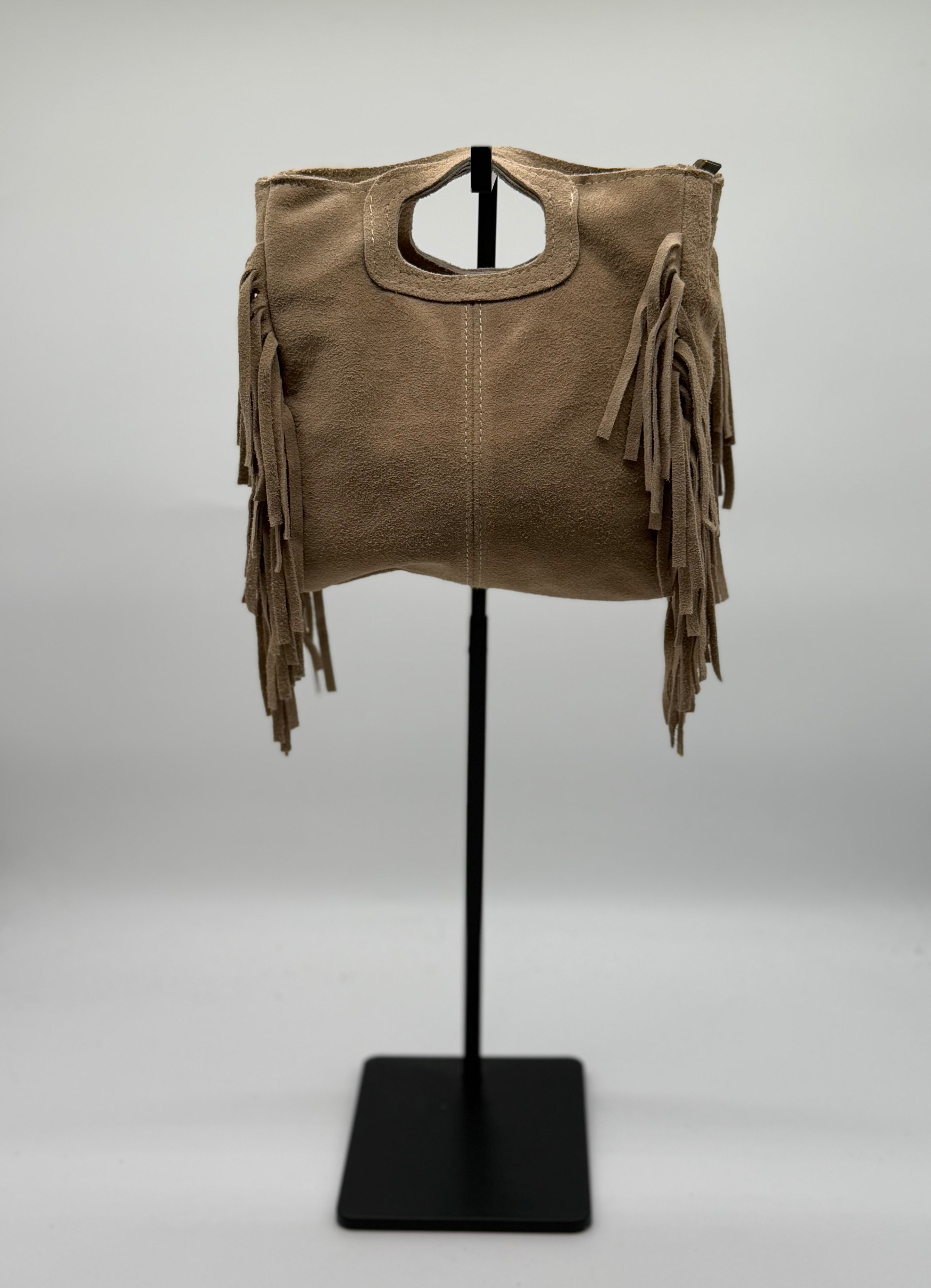 Borsa a Mano con Frange da Donna, Borsa in Camoscio con Frange Laterali, Made in Italy