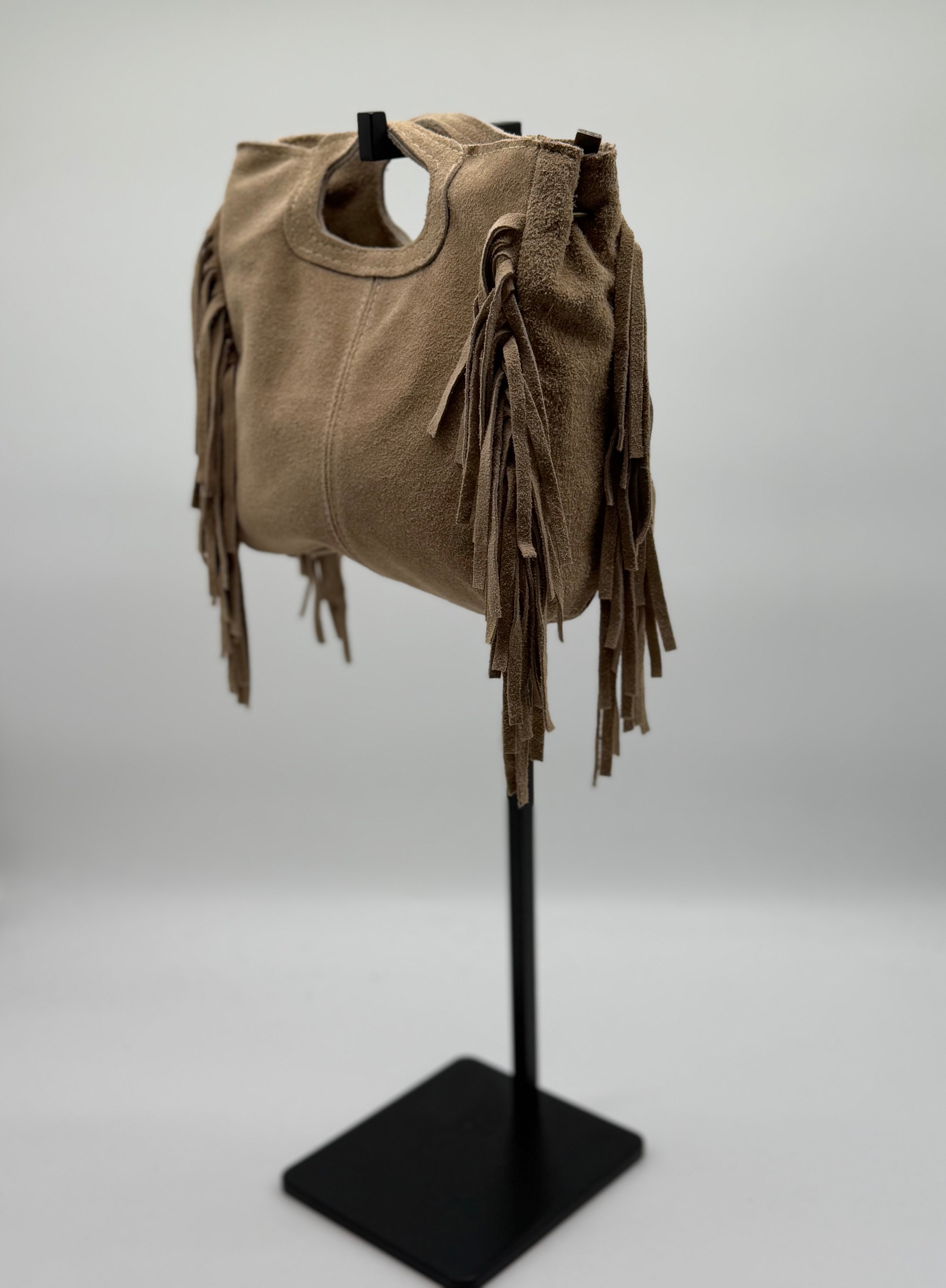 Borsa a Mano con Frange da Donna, Borsa in Camoscio con Frange Laterali, Made in Italy