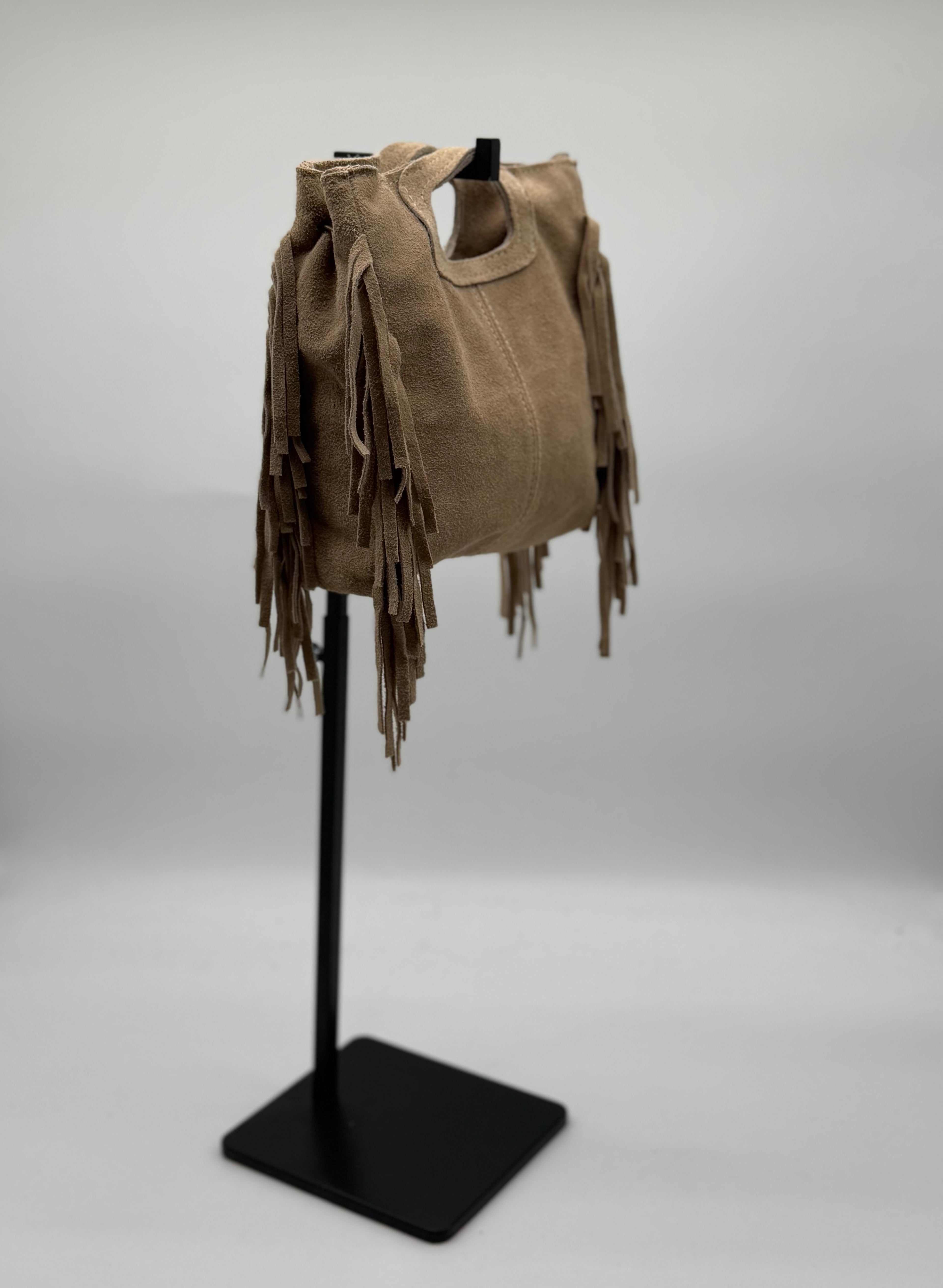 Borsa a Mano con Frange da Donna, Borsa in Camoscio con Frange Laterali, Made in Italy