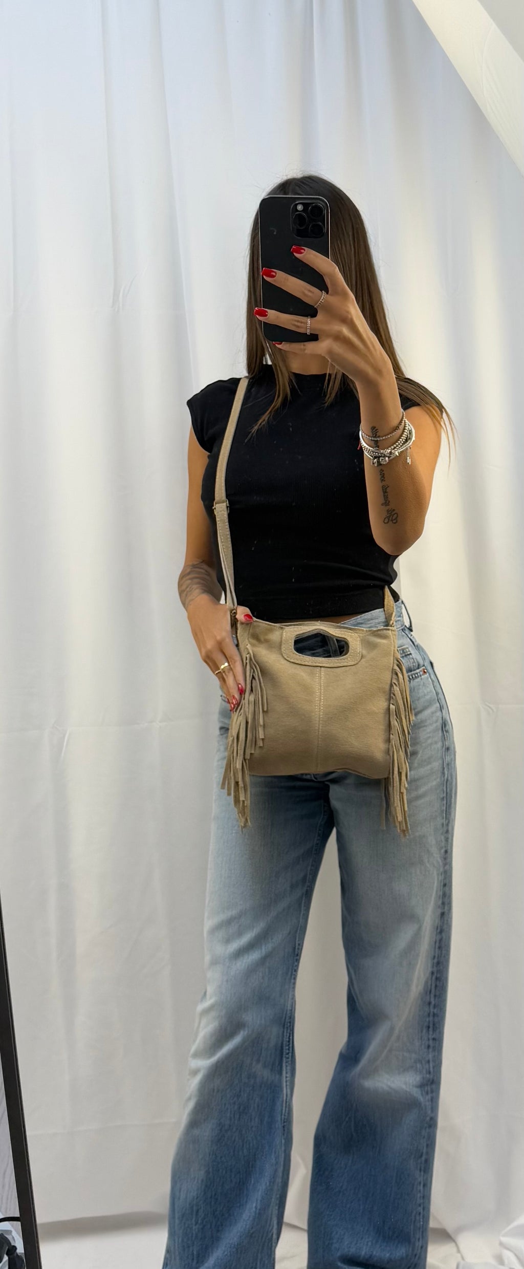 Borsa a Mano con Frange da Donna, Borsa in Camoscio con Frange Laterali, Made in Italy