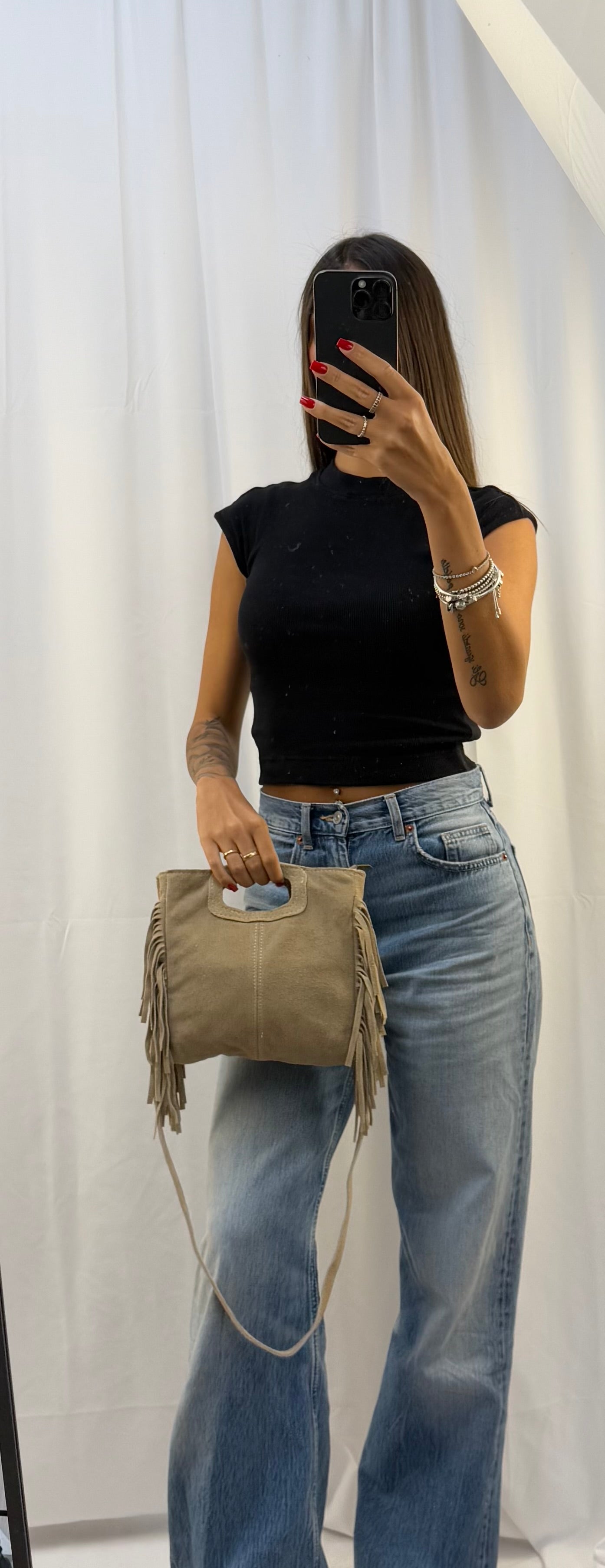 Borsa a Mano con Frange da Donna, Borsa in Camoscio con Frange Laterali, Made in Italy