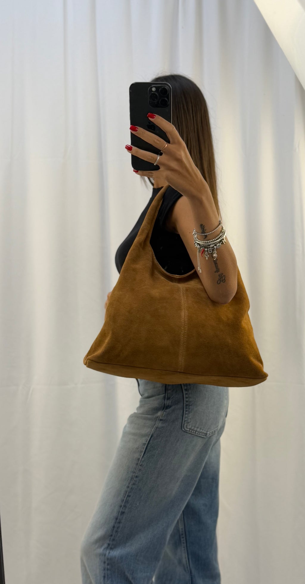 Moderna Sacca da Donna in Pelle martellata | Borsa a Spalla | Vera Pelle | Made in Italy |