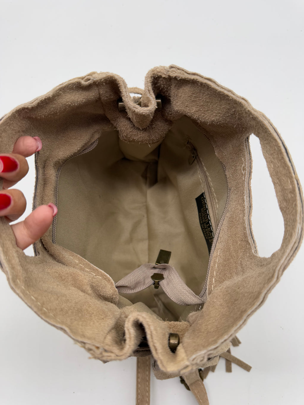 Borsa a Mano con Frange da Donna, Borsa in Camoscio con Frange Laterali, Made in Italy